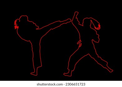 Karate woman fighters line contour vector silhouette illustration isolated on black. Judo fighters ladies battle. Japan traditional martial art. Self defense. Healthy body healthy mind. Sport skills.