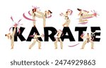 Karate woman and man fighters in kimono training vector flat typography banner. Japanese martial art, sport workout. Karate kick posture, combative technique exercise