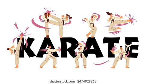 Karate woman and man fighters in kimono training vector flat typography banner. Japanese martial art, sport workout. Karate kick posture, combative technique exercise