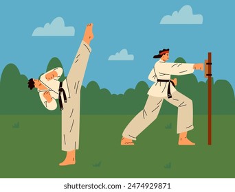 Karate mujer y hombre luchadores en kimono y cinturón negro al aire libre entrenamiento Vector ilustración plana. Arte marcial japonés, entrenamiento deportivo. Karate postura de patada, técnica combativa ejercicio en el césped