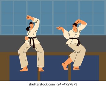 Karate woman and man fighters in kimono and black belt training in gym vector flat illustration. Japanese traditional martial art competition. Karate kick posture, hit exercise, combative technique