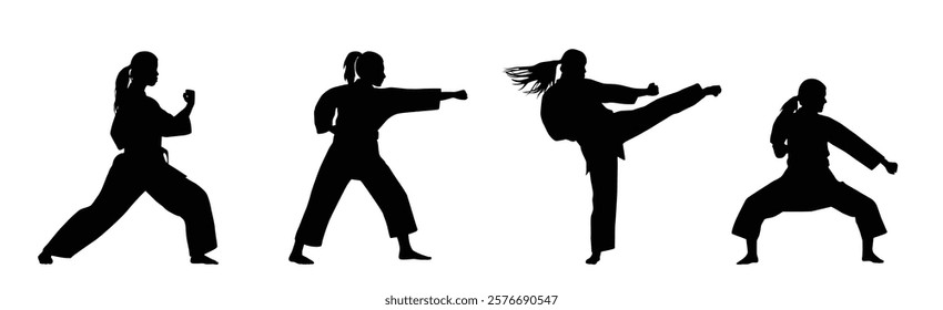 karate woman silhouette in different fighting poses