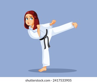 
Mujer karate en una ilustración de un kimono blanco que patea vectores. Artista de cinturón negro marcial practicando y entrenando en un equipo adecuado 
