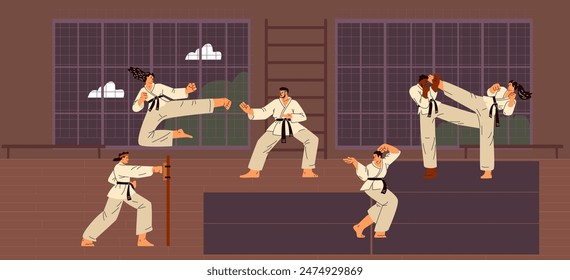 Karate women and men fighters in kimono and black belt training in gym vector flat illustration. Japanese traditional martial art sport competition. Karate kick posture, combative technique exercise