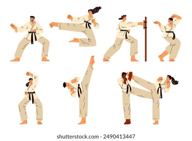 Karate mujeres y hombres luchadores en kimono y cinturón negro Vector de entrenamiento conjunto plano. Arte marcial tradicional japonés, competición deportiva. Postura de patada de karate, técnica combativa de ejercicio aislado