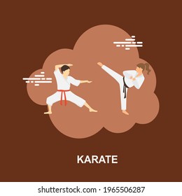 Karate with young people fighting with red and black belt flat concept design