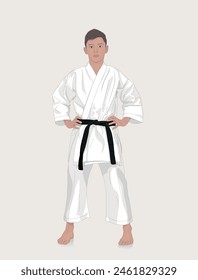 Karateka in a kimono with a black belt. Sport courage concept. Vector illustration design