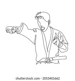 Vector de dibujo de línea de Karateka. Maestro de artes marciales, cinturón negro, karate