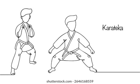 Karateka standing in two different poses. Sportsman who practices karate. Martial art based on punches and kicks, as well as blocks and defensive techniques. Vector illustration with hand drawn line.