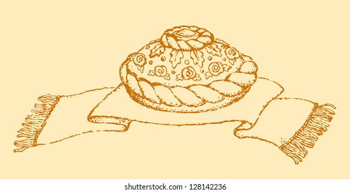 Karavai is a traditional Slavic bread, most often used at festivals and weddings, where it has great symbolic meaning, and has remained part of the wedding tradition. Vector drawing