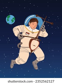 karawitan astronaut playing gamelan music on rebab between galaxy planets stars. Pop art cartoon comic for t-shirt poster print design for kids.