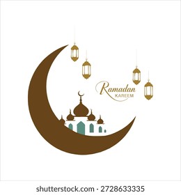 “Lua Crescente Ramadan Kareem com Mesquita e Ilustração de Lanternas Suspensas”