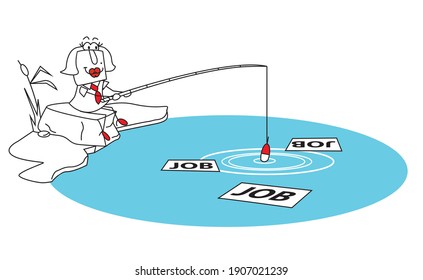 Karen fishes for pieces of paper with the word Job written on it. It is a metaphor of looking for a job.