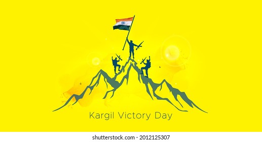 kargil victory day Indian army team achivers successful of climbe win and flagging on mountain and celebrating Kargil Vijay Diwas