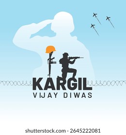  Kargil Vijay Diwas Banner and Greeting Card. Kargil Victory Day Celebration with Text and Solder Kneeling Illustration