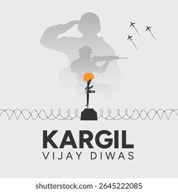  Kargil Vijay Diwas Banner and Greeting Card. Kargil Victory Day Celebration with Text and Solder Kneeling Illustration