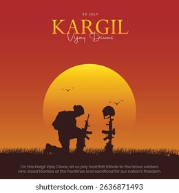 Kargil Vijay Diwas Creative and Greeting Card. 26th July - Kargil Victory Day Celebration with Text and Solder Kneeling Vector Illustration