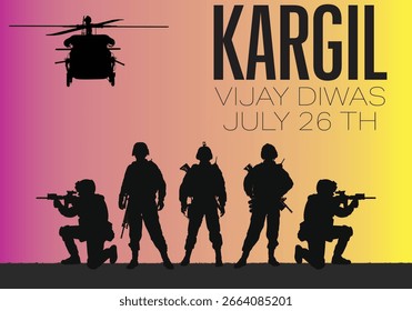 Kargil Vijay Diwas Heroic Vetor Design Silhuetas de Soldados e Helicóptero no Gradiente Colorido do Pôr do Sol