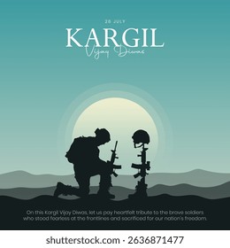 Kargil Vijay Diwas Post and Greeting Card. 26th July - Kargil Victory Day Celebration with Text and Solder Kneeling Vector Illustration