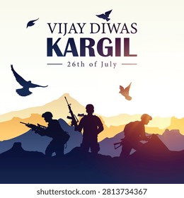 Kargil Vijay Diwas remembrance poster template featuring Indian Army soldier silhouettes in a mountain landscape with a bright patriotic background. Suitable for social media posts, posters, banners, awareness campaigns, and tribute designs commemorating the bravery and sacrifice of the Indian Army.