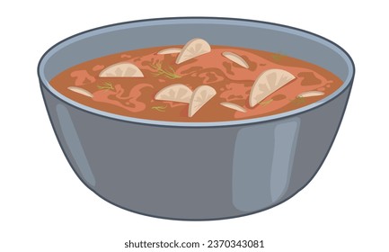 Kari in a bowl on a white background. Vector, flat style. A common food in Asia, served as a sauce or main dish. Traditional food from India, Thailand, Nepal and Japan. Soup with greens.