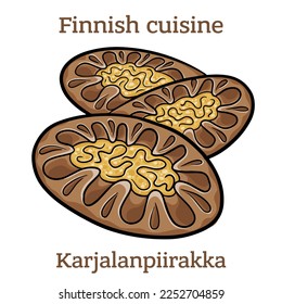 Karjalanpiirakka. The rye crust is traditionally filled with rice porrodge and topped with egg butter. Finnish food. Vector image isolated.