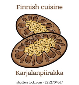 Karjalanpiirakka. The rye crust is traditionally filled with rice porrodge and topped with egg butter. Finnish food. Vector image isolated.