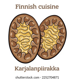 Karjalanpiirakka. The rye crust is traditionally filled with rice porrodge and topped with egg butter. Finnish food. Vector image isolated.