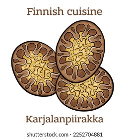 Karjalanpiirakka. The rye crust is traditionally filled with rice porrodge and topped with egg butter. Finnish food. Vector image isolated.