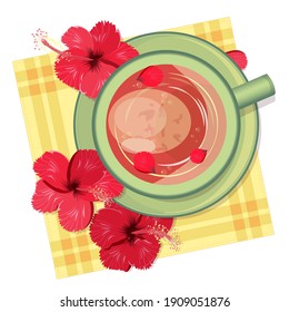 Karkade tea in a green clay mug, hibiscus flowers on a bright yellow napkin, country style, top view. Herbal tonic drink. Vector flat illustration.