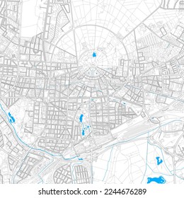 Karlsruhe, Baden-Wuerttemberg, Germany high resolution vector map with editable paths. Bright outlines for main roads. Use it for any printed and digital background. Blue shapes and lines for water.