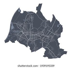 Karlsruhe map. Detailed vector map of Karlsruhe city administrative area. Cityscape poster metropolitan aria view. Dark land with white streets, roads and avenues. White background.