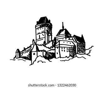 Karlstejn Castle Drawing Vector Czech Republic Art Illustration