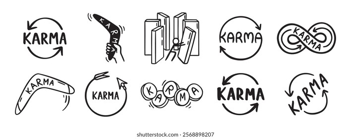 Karma arrows and karma concept doodle hand drawn icon social media. Outline drawing karma line clipart symbol. Vector illustration