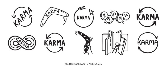 Karma setas e conceito karma doodle mão desenhado ícone mídias sociais. Desenho de contorno símbolo de clipart de linha karma. Ilustração vetorial