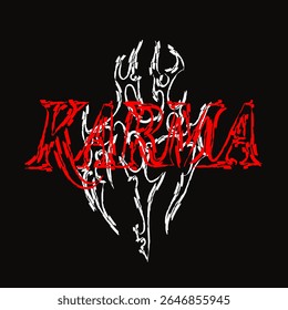 Karma em negrito fonte de death metal vermelho sobre a chama tribal branca, um design escuro e ousado perfeito para tatuagens, roupas de rua, ou arte de banda de metal.