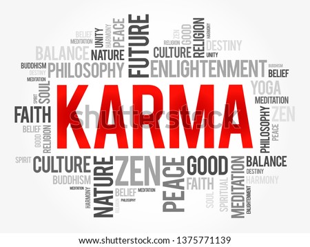 Karma is a concept of action, work or deed, and its effect or consequences, word cloud concept background