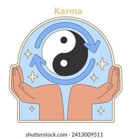 Karma concept illustration. Yin and Yang symbol cradled in hands, representing life's balance and cosmic order. Flat vector illustration