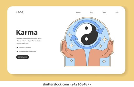 Karma concept illustration. Yin and Yang symbol cradled in hands, representing life's balance and cosmic order. Flat vector illustration