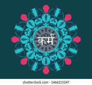 Karma Depicting positive energy with floral motif in pink and sky blue color written "Karma" in Hindi