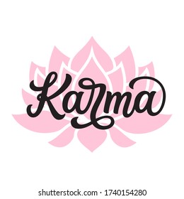 Karma. Hand Drawn Word With Lotus Flower Shape Isolated On White Background. Vector Typography For Yoga Studio Decorations, Posters, Cards, T Shirts