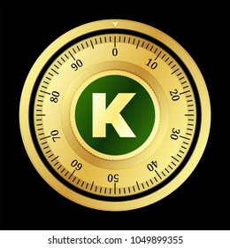 Karma (KRM) cryptocurrency safe lock. Eps10 vector illustration isolated on black background.