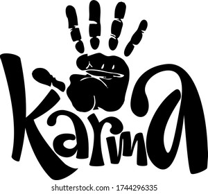 Karma text with hand print silhouette. Hand lettering illustration made in modern font. Good as print for t shirt, mugs, poster and other printing products.