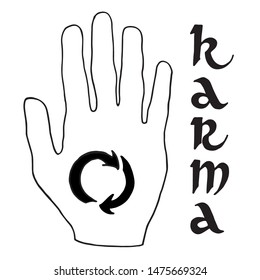 Símbolo vector Karma. Mano (Palm) con flechas dentro, texto Karma estilizado como una fuente india. Aislado en gráficos lineales de fondo blanco. Para logotipo, diseño, tarjetas, caligrafía, negocio