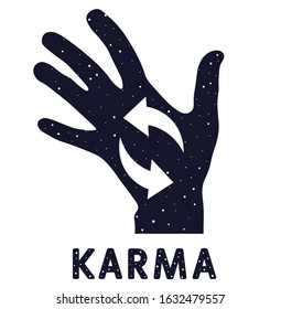 Karma vector symbol. Hand (Palm) with arrows inside, text Karma. Isolated on white background. For logo, design, cards, calligraphy, business