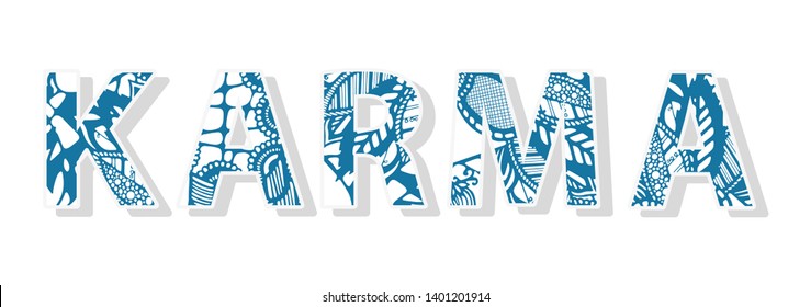 Karma word zentangle stylized. Doodle pattern. Blue color. Zen doodles design. Abstract vector illustration isolated on a white background.