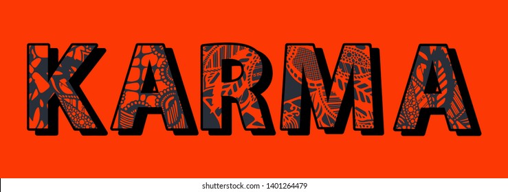 Karma word zentangle stylized. Doodle pattern. Zen doodles design. Abstract vector illustration isolated on a red background.