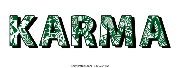 Karma word zentangle stylized. Green white. Doodle pattern. Zen doodles design. Abstract vector illustration isolated on a red background.