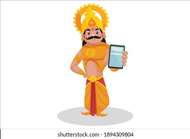 Karna is showing a mobile phone. Vector graphic illustration. Individually on a white background.