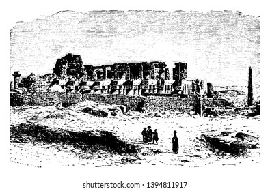 Karnak Temple Complex Ancient Egypt buildings chapels columns Egyptian architecture Luxor pylons rows ruins vintage line drawing or engraving illustration.